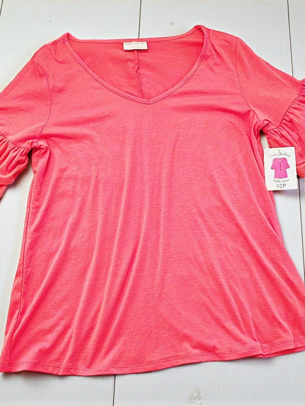 LRG Coral Pink Ruffle Sleeve Everyday Shirt, Casual V-Neck Summer Top